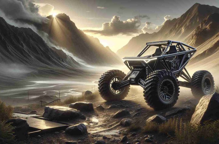 A hyper-realistic, high-definition image of an alluring all-terrain electric adventure featuring a consequential device, dubbed as 'WildWheels X500'. The environment around displays rugged terrains, muddy paths, elevations and rocky landscapes. The key item 'WildWheels X500' is at the center, its design showcasing sturdiness and capability. Intelligent lighting might highlight its robust tires, formidable structure, and state-of-the-art technology that underlines its extreme off-road capabilities. This showpiece is ready to conquer any challenge that nature can hurl at it, truly presenting it as an ultimate all-terrain electric adventure machine.