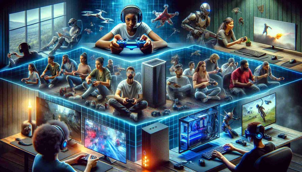 An HD quality realistic image depicting the exciting updates in the world of gaming. Show various elements of gaming such as state-of-the-art gaming consoles, high-definition game graphics on screens, and people of different genders and descents deeply engrossed in gameplay. The people could be varied like a Middle-Eastern woman and an African American man. Also incorporate different gaming accessories such as virtual reality headsets, controllers, gaming laptops, and a comfortable gaming room setup with blue-tinted lighting.