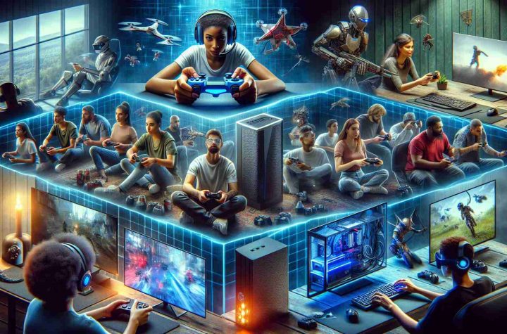 An HD quality realistic image depicting the exciting updates in the world of gaming. Show various elements of gaming such as state-of-the-art gaming consoles, high-definition game graphics on screens, and people of different genders and descents deeply engrossed in gameplay. The people could be varied like a Middle-Eastern woman and an African American man. Also incorporate different gaming accessories such as virtual reality headsets, controllers, gaming laptops, and a comfortable gaming room setup with blue-tinted lighting.