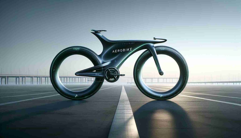 Create a realistic high-definition image of an advanced bicycle labeled 'AeroBike'. This futuristic bike should be sleek and streamlined in design, emphasizing aerodynamics. Its frame, curved and sleek, should be constructed of eco-friendly materials denoting its sustainable attributes. The color palette should be understated and elegant, incorporating shades of dark green or blue that symbolize sustainability and harmony with nature. The scene should be set in an open space allowing for a clear view of Bike's design.