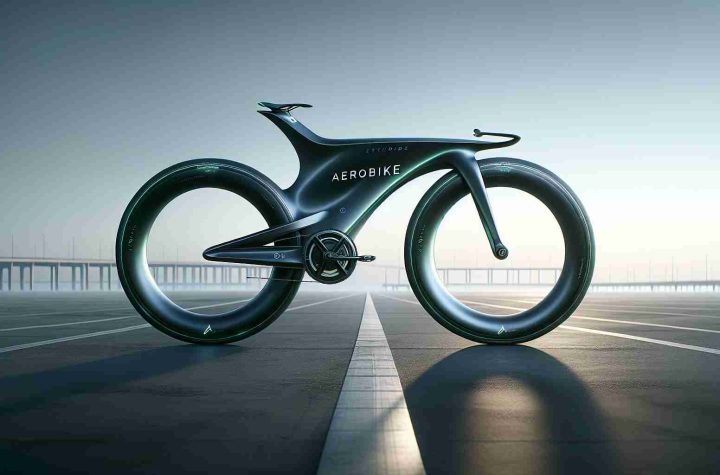 Create a realistic high-definition image of an advanced bicycle labeled 'AeroBike'. This futuristic bike should be sleek and streamlined in design, emphasizing aerodynamics. Its frame, curved and sleek, should be constructed of eco-friendly materials denoting its sustainable attributes. The color palette should be understated and elegant, incorporating shades of dark green or blue that symbolize sustainability and harmony with nature. The scene should be set in an open space allowing for a clear view of Bike's design.