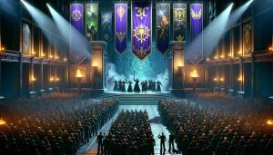 A high-definition, photorealistic image of an iconic fantasy game franchise's 30th anniversary celebration event. The frame captures the excited unveiling of shiny, improved versions of classic games. The setting is a grand venue, teeming with enthusiastic participants. Banners hang from ceilings, decorated with medieval and magical elements symbolic of the franchise's lore. On stage, unidentified presenters are revealing the newly remastered games with energetic theatrics. The atmosphere is charged with anticipation and nostalgic joy.