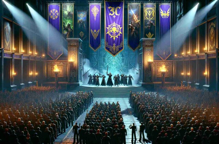 A high-definition, photorealistic image of an iconic fantasy game franchise's 30th anniversary celebration event. The frame captures the excited unveiling of shiny, improved versions of classic games. The setting is a grand venue, teeming with enthusiastic participants. Banners hang from ceilings, decorated with medieval and magical elements symbolic of the franchise's lore. On stage, unidentified presenters are revealing the newly remastered games with energetic theatrics. The atmosphere is charged with anticipation and nostalgic joy.