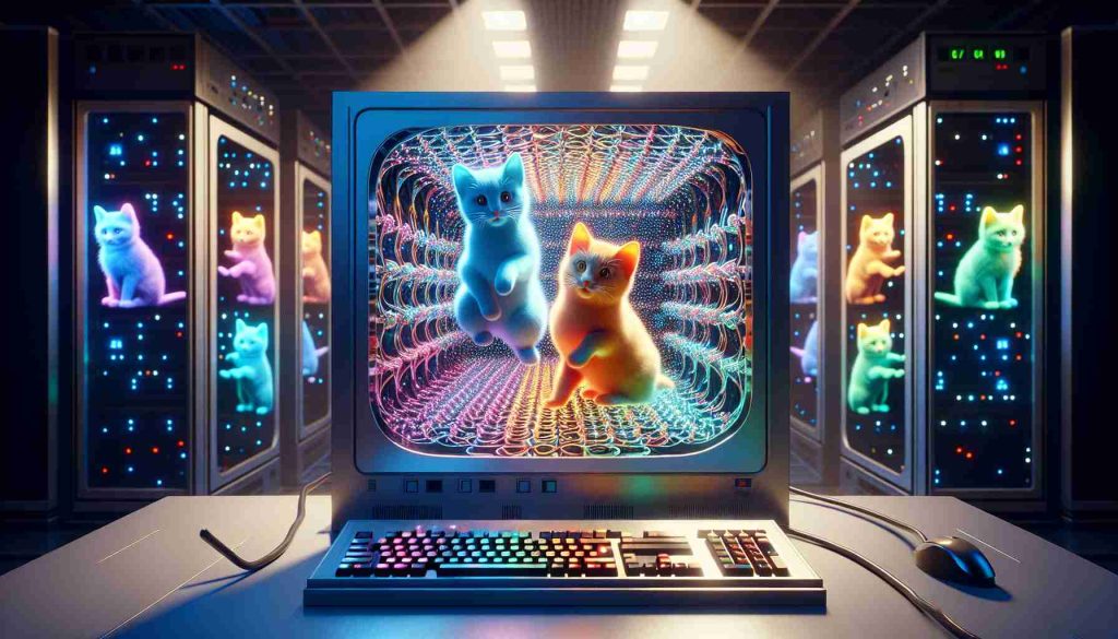 An ultra high-definition image depicting the revolutionary act of developing quantum algorithms with 'Feline-Qubits'. The scene portrays a quantum computer illuminated by soft light, displaying a complex algorithm on its screen, made up of colorful quantum bits symbolized as playful, abstract kittens. These kittens, or 'Feline-Qubits,' dance and intermingle within the algorithms, brilliantly demonstrating the paradoxical and counter-intuitive nature of quantum computing.