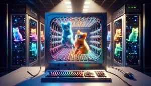 An ultra high-definition image depicting the revolutionary act of developing quantum algorithms with 'Feline-Qubits'. The scene portrays a quantum computer illuminated by soft light, displaying a complex algorithm on its screen, made up of colorful quantum bits symbolized as playful, abstract kittens. These kittens, or 'Feline-Qubits,' dance and intermingle within the algorithms, brilliantly demonstrating the paradoxical and counter-intuitive nature of quantum computing.