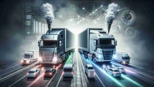 A high-definition, realistic visual representation of the revolution in the commercial vehicle market brought upon by a new electric truck rebate program. The image should clearly depict the transition from conventional vehicles to electric trucks. The scene may include a comparison between old, smoke-emitting diesel trucks and new, environmentally friendly electric trucks, as well as illustrations of charts or graphs indicating significant market shift.