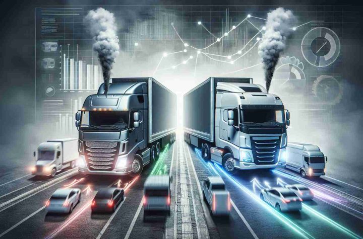 A high-definition, realistic visual representation of the revolution in the commercial vehicle market brought upon by a new electric truck rebate program. The image should clearly depict the transition from conventional vehicles to electric trucks. The scene may include a comparison between old, smoke-emitting diesel trucks and new, environmentally friendly electric trucks, as well as illustrations of charts or graphs indicating significant market shift.