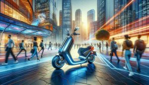 Create a vibrant real-world scene showcasing the future of urban transportation through advanced scooter technology. The central object should be a state-of-the-art scooter, styled with cutting-edge design elements that scream innovation and high-tech. The background should reflect a modern, bustling city with high-rise buildings, people of various descents and genders, and other forms of transportation complementing the scene. The lighting should reflect a mid-day setting, and every detail should be captured in high-definition realism.