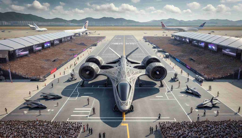 Generate a realistic high-definition image of a groundbreaking vehicle being revealed at an air show in China. This avant-garde vehicle is the focal point of attention and is the result of impressive technological advancement. The landscape includes an extensive, open tarmac under a clear sky, spectator stands filled with excited spectators of various descent, and surrounding planes on static display. The revolutionary vehicle itself is intricate, boasting unique aerodynamic design, cutting-edge technology, and state-of-the-art propulsive systems.