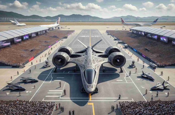 Generate a realistic high-definition image of a groundbreaking vehicle being revealed at an air show in China. This avant-garde vehicle is the focal point of attention and is the result of impressive technological advancement. The landscape includes an extensive, open tarmac under a clear sky, spectator stands filled with excited spectators of various descent, and surrounding planes on static display. The revolutionary vehicle itself is intricate, boasting unique aerodynamic design, cutting-edge technology, and state-of-the-art propulsive systems.