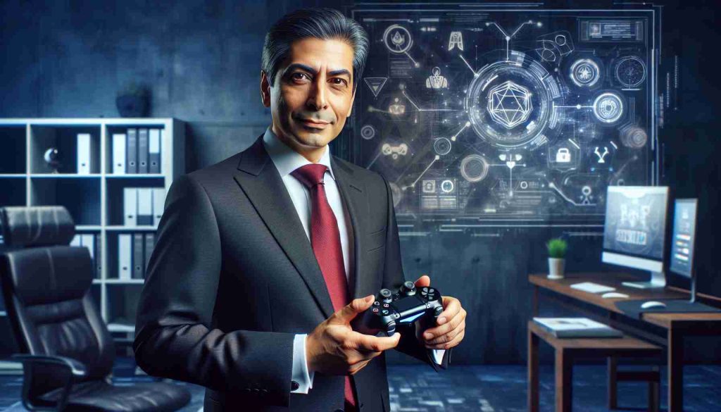 A realistic HD image of a middle-aged, South Asian male CEO, in formal attire, holding a game controller in a tech company office. He's standing in front of a futuristic digital concept wall that displays symbols and graphics hinting at future gaming ventures.