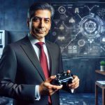 A realistic HD image of a middle-aged, South Asian male CEO, in formal attire, holding a game controller in a tech company office. He's standing in front of a futuristic digital concept wall that displays symbols and graphics hinting at future gaming ventures.