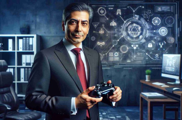 A realistic HD image of a middle-aged, South Asian male CEO, in formal attire, holding a game controller in a tech company office. He's standing in front of a futuristic digital concept wall that displays symbols and graphics hinting at future gaming ventures.