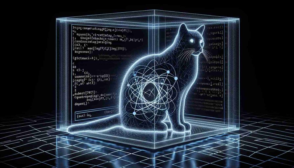 High-resolution, realistic render of an innovative concept in quantum computing technology, inspired by feline characteristics. Picture may showcase the interplay between the intrinsic mystery of quantum physics and the enigmatic nature of a cat, potentially represented by lines of code transmuting into a cat's silhouette or vice versa. The design elements should incorporate advanced tech aesthetics infused with noticeable cat motifs.