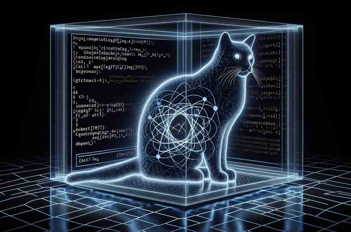 High-resolution, realistic render of an innovative concept in quantum computing technology, inspired by feline characteristics. Picture may showcase the interplay between the intrinsic mystery of quantum physics and the enigmatic nature of a cat, potentially represented by lines of code transmuting into a cat's silhouette or vice versa. The design elements should incorporate advanced tech aesthetics infused with noticeable cat motifs.