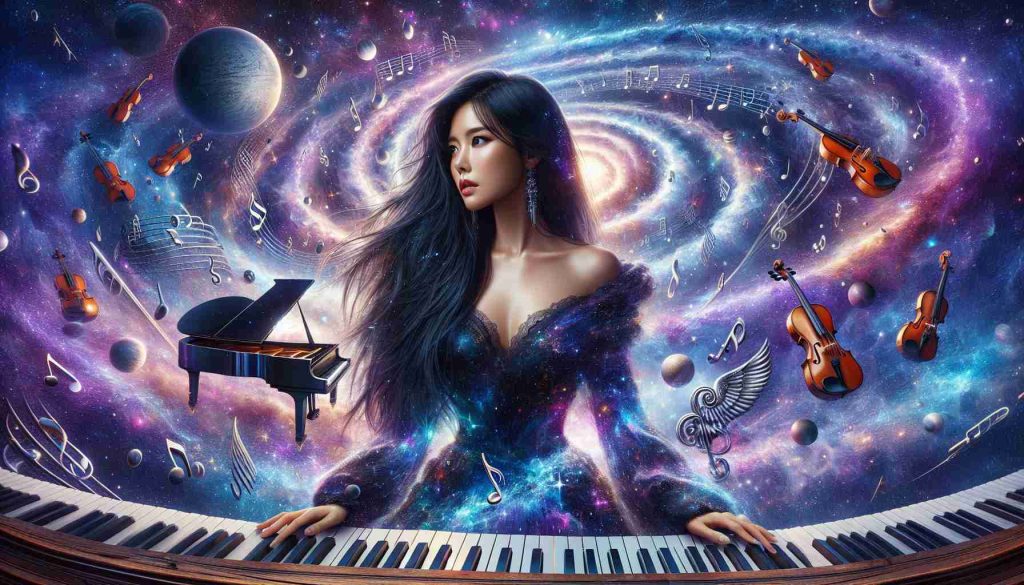 Realistic high-definition image resembling a journey into a musical universe. Imagine a woman similar in appearance to Thuy Melissa Dao, with long black hair and a fit physique. She's decked out in cosmic exploratory attire, gazing curiously into a swirling vortex of shimmering musical notes, sharp clefs, floating grand pianos, violins, and more. All set against a breathtaking backdrop of an endless starlit sky. The color palette should include deep blues, vibrant purples, brilliant whites, and set off by the rich wood tones of the musical instruments.