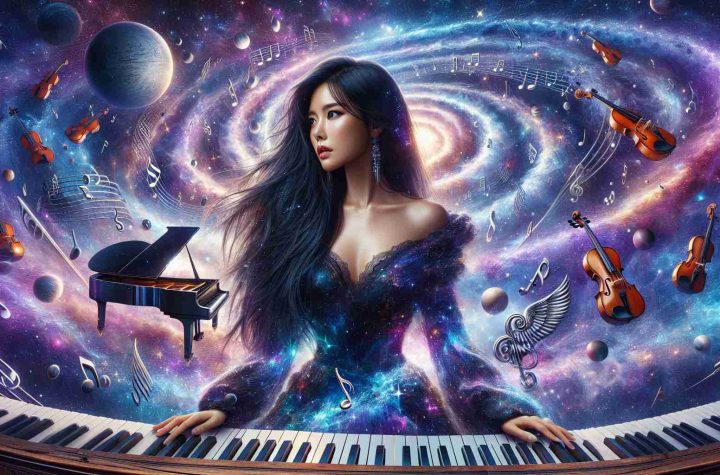 Realistic high-definition image resembling a journey into a musical universe. Imagine a woman similar in appearance to Thuy Melissa Dao, with long black hair and a fit physique. She's decked out in cosmic exploratory attire, gazing curiously into a swirling vortex of shimmering musical notes, sharp clefs, floating grand pianos, violins, and more. All set against a breathtaking backdrop of an endless starlit sky. The color palette should include deep blues, vibrant purples, brilliant whites, and set off by the rich wood tones of the musical instruments.