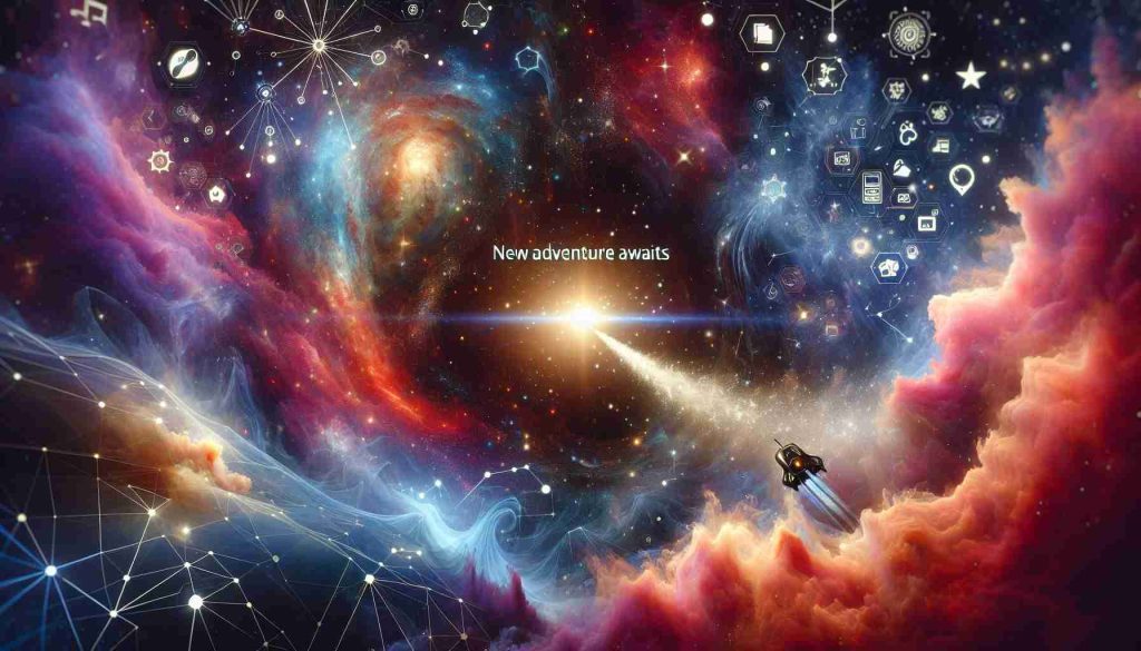 Create a high-definition, photorealistic illustration capturing the idea of 'New Adventure Awaits'. It should depict an expansive, complex galaxy as a metaphor for the universe of PC gaming. Show vibrant constellations and nebulae symbolizing various gaming genres, and computer hardware elements dispersed within. To signify adventure, include a small spaceship starting its journey into this vast digital universe.