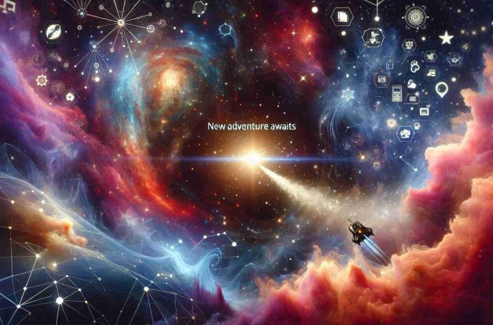 Create a high-definition, photorealistic illustration capturing the idea of 'New Adventure Awaits'. It should depict an expansive, complex galaxy as a metaphor for the universe of PC gaming. Show vibrant constellations and nebulae symbolizing various gaming genres, and computer hardware elements dispersed within. To signify adventure, include a small spaceship starting its journey into this vast digital universe.