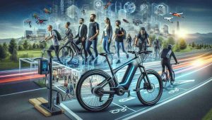 Generate a realistic HD image depicting an innovative scenario of modern commuting. Show a mundane cityscape transformed by the advent of high-tech electric bicycles. In the foreground, have a cutting-edge e-bike with sleek designs and advanced features like integrated GPS, regenerative braking, and LED lights. Behind it, illustrate happy commuters of various descents, such as Caucasian, Hispanic, and Middle-Eastern, and different genders, using e-bikes. Highlight the cycling paths, charging stations, and futuristic architectural elements that signify a city built around e-bike commuting.