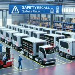 High-resolution, realistic image of a scene from an unspecified electric truck manufacturer where the trucks are being recalled due to safety concerns. Illustrate the scene with a depot or warehouse setting where multiple electric trucks are lined up, their doors open, and technicians inspecting them. Include prominent signages or banners signifying 'safety recall' and 'inspection in progress'.