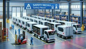 High-resolution, realistic image of a scene from an unspecified electric truck manufacturer where the trucks are being recalled due to safety concerns. Illustrate the scene with a depot or warehouse setting where multiple electric trucks are lined up, their doors open, and technicians inspecting them. Include prominent signages or banners signifying 'safety recall' and 'inspection in progress'.