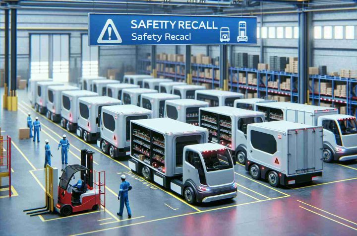 High-resolution, realistic image of a scene from an unspecified electric truck manufacturer where the trucks are being recalled due to safety concerns. Illustrate the scene with a depot or warehouse setting where multiple electric trucks are lined up, their doors open, and technicians inspecting them. Include prominent signages or banners signifying 'safety recall' and 'inspection in progress'.