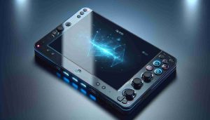 Create a realistic, high-definition image of a novel, portable gaming console. This console should be represented as being digitally sophisticated and designed for on-the-go gaming. Its design could be inspired by contemporary gaming devices but should not directly replicate any. Please include features such as a clear, bright screen, integrated controls, and a sleek, contemporary finish.