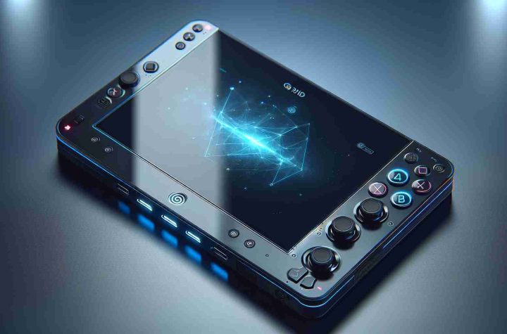 Create a realistic, high-definition image of a novel, portable gaming console. This console should be represented as being digitally sophisticated and designed for on-the-go gaming. Its design could be inspired by contemporary gaming devices but should not directly replicate any. Please include features such as a clear, bright screen, integrated controls, and a sleek, contemporary finish.