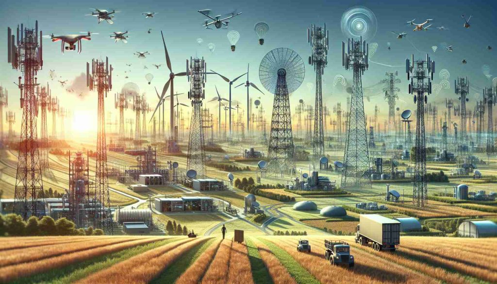 Generate a high-definition, realistic image displaying the transformative changes in communication infrastructure in the Midwest. Picture vast landscapes of rural areas interspersed with advanced technologies such as towering cell phone towers, satellite dishes, fiber optic cables and state-of-the-art data centers. Imagine wind turbines and solar panels contributing to sustainable energy solutions. Visualize efficient logistics with autonomous vehicles, drones delivering packages under a clear blue sky. Include people of various descents, genders and skills working on these technologies, contributing to the revolution in communication.