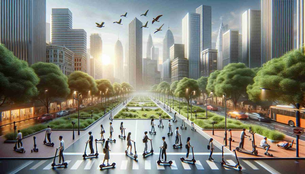 A high definition, realistic image showcasing the revolution in urban mobility: the growing prevalence of electric scooters. The picture should illustrate a city backdrop with wide streets, towering buildings, lush greenery and pedestrian sidewalks. Spread across the scene are numerous electric scooters, gleaming under the sunlight, enhancing the urban landscape. The riders can be a mixture of genders and descents - for example, an Asian man, a Black woman, a Middle-Eastern male and a Caucasian female can all be seen utilizing these electric scooters for their transportation needs within the urban environment.