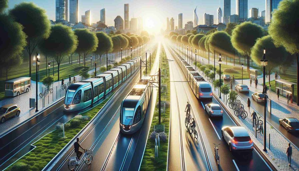 Imagine the future of sustainable urban transportation. Cars are no longer the dominant mode of transport and have been replaced by a complex network of electric trams, bicycles, and pedestrian walkways. With advanced designs, the trams operate on electricity and are sleek and futuristic. Sustainability is key, and it shows in the lush green parklands that separate the tracks. Eco-friendly bicycles share certain paths with pedestrians, fostering a sense of community. Stunning evening light casts long shadows over this picturesque and eco-conscious cityscape. All these elements come together in a high-definition, realistic image.