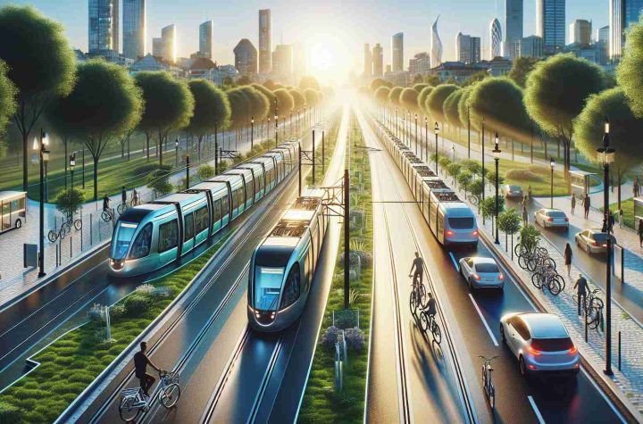 Imagine the future of sustainable urban transportation. Cars are no longer the dominant mode of transport and have been replaced by a complex network of electric trams, bicycles, and pedestrian walkways. With advanced designs, the trams operate on electricity and are sleek and futuristic. Sustainability is key, and it shows in the lush green parklands that separate the tracks. Eco-friendly bicycles share certain paths with pedestrians, fostering a sense of community. Stunning evening light casts long shadows over this picturesque and eco-conscious cityscape. All these elements come together in a high-definition, realistic image.