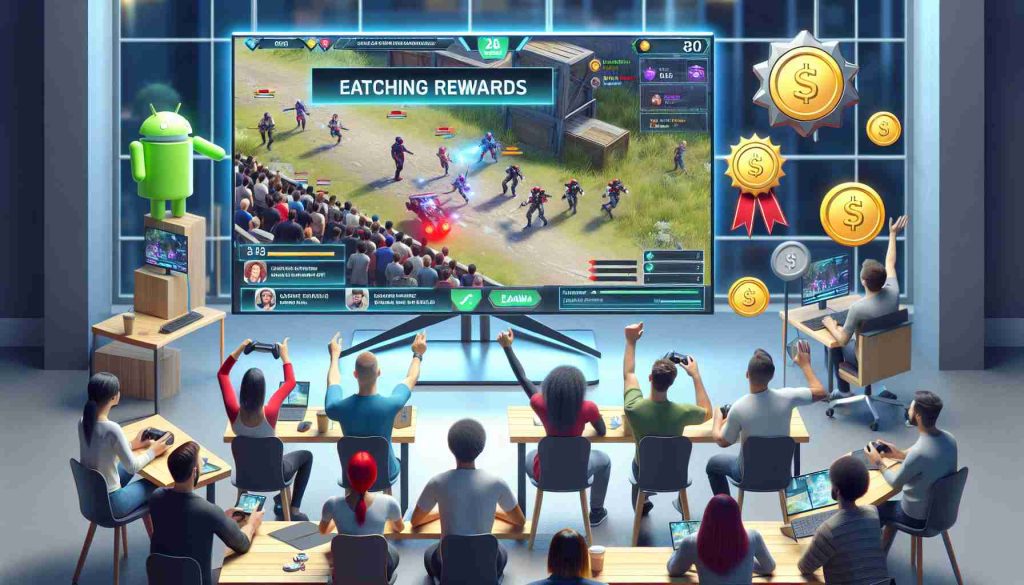 A realistic high definition image depicting the thrilling opportunity to earn rewards through watching gaming streams. Show several people of various descents and genders, engrossed in watching a game stream on their computer screens. On the screen, portray an exciting game in progress. Also, depict various types of rewards such as badges, trophies, and coins being distributed to the viewers, symbolizing rewards they can earn. Offer a positive and enthusiastic atmosphere signifying the excitement and advantages of engaging in this activity.