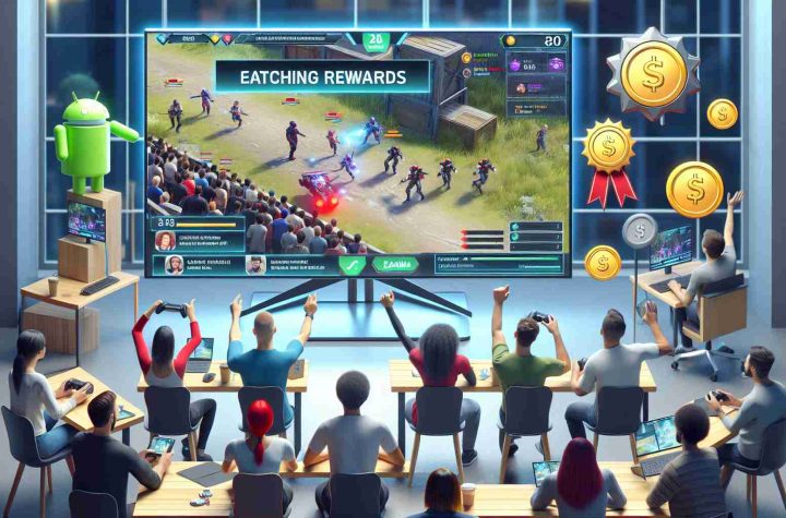 A realistic high definition image depicting the thrilling opportunity to earn rewards through watching gaming streams. Show several people of various descents and genders, engrossed in watching a game stream on their computer screens. On the screen, portray an exciting game in progress. Also, depict various types of rewards such as badges, trophies, and coins being distributed to the viewers, symbolizing rewards they can earn. Offer a positive and enthusiastic atmosphere signifying the excitement and advantages of engaging in this activity.