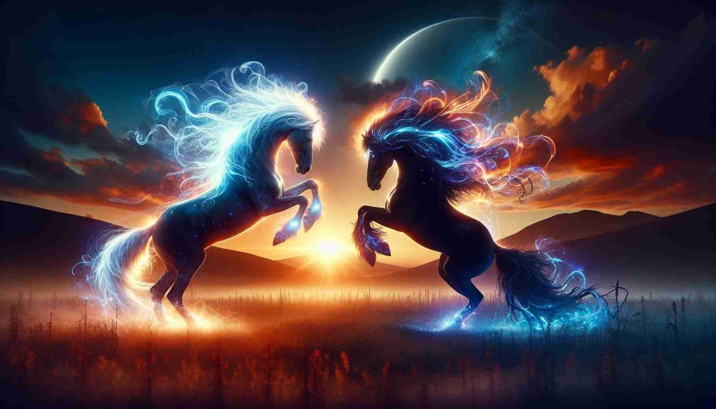 Create a high-definition, realistic image showcasing a scene titled 'Arcane Enchantment: The Clash of Magical Steeds at Nightfall'. Imagine two majestic, magic-infused horses, brimming with energy and elemental power. One horse gleams with radiant light like the essence of a star, and the other shrouded in tendrils of dark midnight energy. Both are reared up, against the backdrop of a setting sun. The twilight sky transitioning from vibrant orange to a deep sapphire-blue. The landscape could be an open, wild plain, framed by distant, shadowy mountains. The entire scene is bathed in the ethereal glow emanating from these battling steeds, capturing an atmosphere of intense magic, beauty, and primal power.