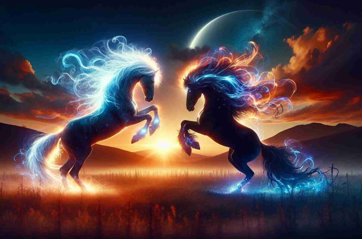 Create a high-definition, realistic image showcasing a scene titled 'Arcane Enchantment: The Clash of Magical Steeds at Nightfall'. Imagine two majestic, magic-infused horses, brimming with energy and elemental power. One horse gleams with radiant light like the essence of a star, and the other shrouded in tendrils of dark midnight energy. Both are reared up, against the backdrop of a setting sun. The twilight sky transitioning from vibrant orange to a deep sapphire-blue. The landscape could be an open, wild plain, framed by distant, shadowy mountains. The entire scene is bathed in the ethereal glow emanating from these battling steeds, capturing an atmosphere of intense magic, beauty, and primal power.