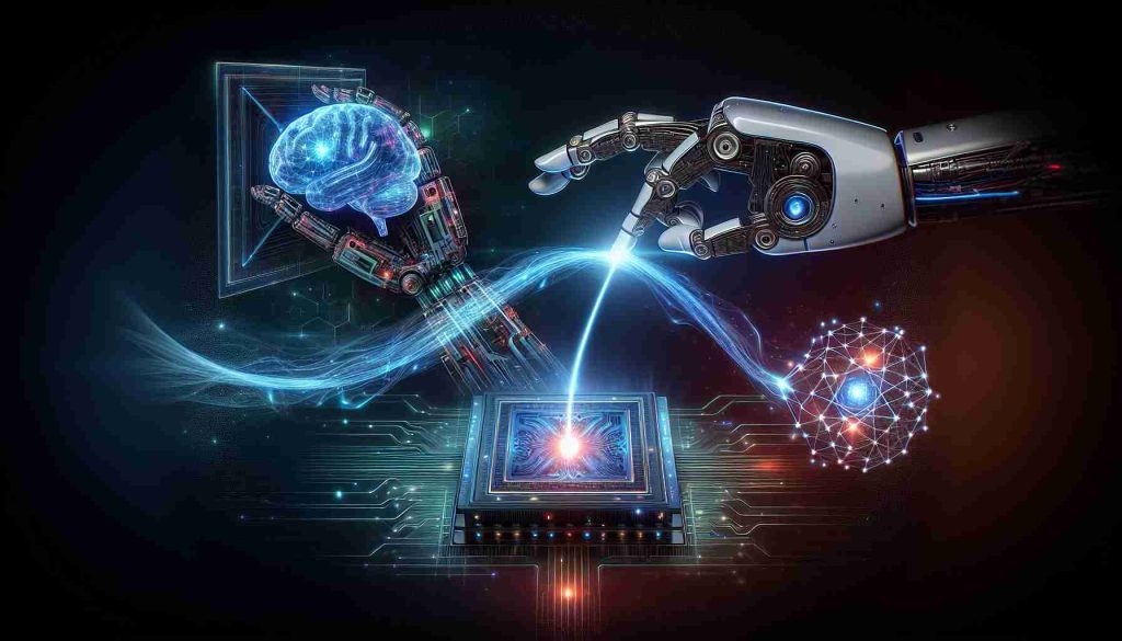 A realistic HD illustration displaying the harmonious intersection of Quantum Computing, Artificial Intelligence, and Machine Learning. The quantum computing component could be shown as a powerful quantum computer hooked to an innovative network, while AI might be represented by a advanced robotic hand working on a futuristic touch screen interface or neural network of interconnecting nodes – representing Machine Learning. The intersection between these three technological phenomena is vital, and could be depicted as an intangible energy line flowing seamlessly between them, representing the exchange of data and ideas.