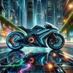 High-resolution, realistic imagery of the near future of transportation, with emphasis on electric vehicles. Picture a cutting edge, futuristic electric motorcycle parked daringly in a lively urban environment, reflecting technological advancement and environmental consciousness. The motorcycle is sleek, boasting aerodynamic lines, LED lights, and an impressive digital dashboard. Colorful electricity graphics spark around the vehicle, symbolizing its electric engine. The city behind it glistens in modernity, with varied architecture and element of greenery, highlighting a shift towards eco-friendly lifestyles.