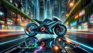 High-resolution, realistic imagery of the near future of transportation, with emphasis on electric vehicles. Picture a cutting edge, futuristic electric motorcycle parked daringly in a lively urban environment, reflecting technological advancement and environmental consciousness. The motorcycle is sleek, boasting aerodynamic lines, LED lights, and an impressive digital dashboard. Colorful electricity graphics spark around the vehicle, symbolizing its electric engine. The city behind it glistens in modernity, with varied architecture and element of greenery, highlighting a shift towards eco-friendly lifestyles.