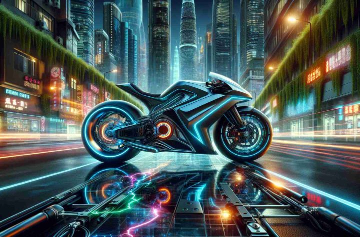 High-resolution, realistic imagery of the near future of transportation, with emphasis on electric vehicles. Picture a cutting edge, futuristic electric motorcycle parked daringly in a lively urban environment, reflecting technological advancement and environmental consciousness. The motorcycle is sleek, boasting aerodynamic lines, LED lights, and an impressive digital dashboard. Colorful electricity graphics spark around the vehicle, symbolizing its electric engine. The city behind it glistens in modernity, with varied architecture and element of greenery, highlighting a shift towards eco-friendly lifestyles.