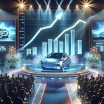 A high-definition realistic image displaying an event where a fictional car company known as 'Hero' is gaining more market share due to their recent electric vehicle launches. The scene could feature a grand, glitzy launch event with a shiny new EV on display with dazzling lights and interested audience. Graphs in the midpoint of an upward climb in the background could represent the increase in market share. A banner espousing the company's commitment to green energy may also be included.