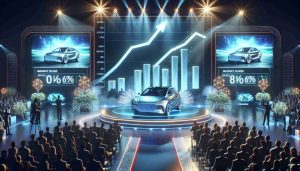 A high-definition realistic image displaying an event where a fictional car company known as 'Hero' is gaining more market share due to their recent electric vehicle launches. The scene could feature a grand, glitzy launch event with a shiny new EV on display with dazzling lights and interested audience. Graphs in the midpoint of an upward climb in the background could represent the increase in market share. A banner espousing the company's commitment to green energy may also be included.