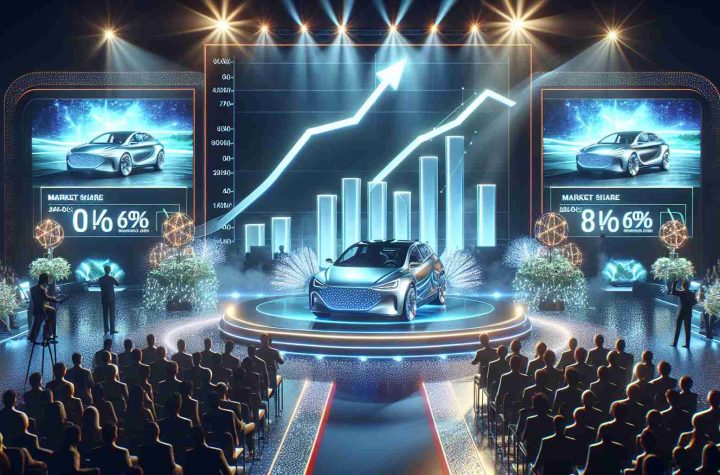 A high-definition realistic image displaying an event where a fictional car company known as 'Hero' is gaining more market share due to their recent electric vehicle launches. The scene could feature a grand, glitzy launch event with a shiny new EV on display with dazzling lights and interested audience. Graphs in the midpoint of an upward climb in the background could represent the increase in market share. A banner espousing the company's commitment to green energy may also be included.