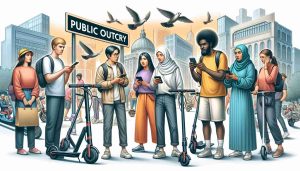 Detailed depiction of a scene where citizens are gathering in a city center, expressing their increasing concerns over rising electric scooter servicing fees. The individuals should reflect a diverse demographic, including a Caucasian man holding up a sign, a Middle-Eastern woman in conversation with a South Asian man, and a young Black woman using her smartphone to amplify their message on social media. The background should include parked electric scooters, city buildings and a banner with the words 'Public Outcry' emblazoned across it.