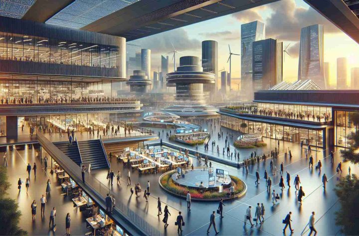 A high-definition, realistic image of a bustling tech hub in Madrid, Spain. The scene reflects the dynamism and innovation associated with such a hub, showcasing cutting-edge architecture, people of varied descents and genders actively engaging with each other. There are state-of-the-art workspaces evident, filled with modern technology such as high-speed computers, futuristic devices and complexes made of glass and steel. The skyline is marked by solar panels and wind turbines, signifying green energy. The hub is abuzz with activity, indicating thrum of creativity and technological advancement.