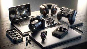 A realistic, high-definition image of a collection of top technology deals to enhance your gadget collection. This scene includes a sleek modern laptop with a graphite grey case and shining screen, a crystal clear digital camera with a long lens, aesthetic black wireless earbuds in their charging case, a rose gold smartwatch with digital interface on a white cushion, and an advanced gaming console with controllers on a dark wooden table. Seeds of innovative technologies reflecting in soft ambiance lighting, all set against a light gray background.