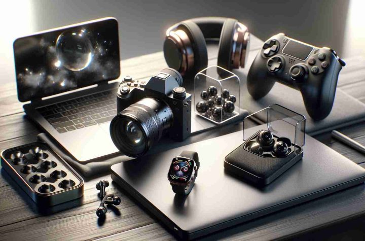 A realistic, high-definition image of a collection of top technology deals to enhance your gadget collection. This scene includes a sleek modern laptop with a graphite grey case and shining screen, a crystal clear digital camera with a long lens, aesthetic black wireless earbuds in their charging case, a rose gold smartwatch with digital interface on a white cushion, and an advanced gaming console with controllers on a dark wooden table. Seeds of innovative technologies reflecting in soft ambiance lighting, all set against a light gray background.