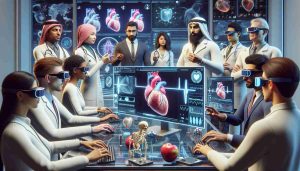 A high-definition, realistic tableau depicting the revolution of heart health using innovative technology. The scene showcases a state-of-the-art medical lab where a group of diverse professionals, including a Middle-Eastern male cardiologist, a Hispanic female biomedical engineer, and a South Asian male software developer, are working together. They are interacting with futuristic tools such as heart monitors, 3D heart models, and advanced computers running complex health software. Some of them wear VR glasses for 3D visualization. In the background, there's a screen displaying a digital graphic of a healthy heart, symbolizing their goal in enhancing heart health.