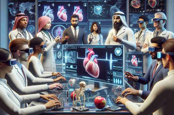 A high-definition, realistic tableau depicting the revolution of heart health using innovative technology. The scene showcases a state-of-the-art medical lab where a group of diverse professionals, including a Middle-Eastern male cardiologist, a Hispanic female biomedical engineer, and a South Asian male software developer, are working together. They are interacting with futuristic tools such as heart monitors, 3D heart models, and advanced computers running complex health software. Some of them wear VR glasses for 3D visualization. In the background, there's a screen displaying a digital graphic of a healthy heart, symbolizing their goal in enhancing heart health.